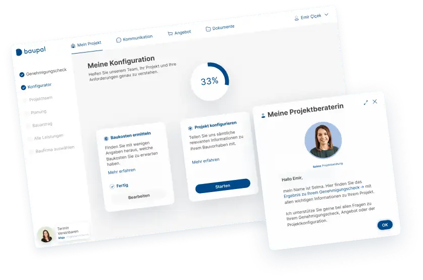 The baupal web app: a project configuration dashboard with a progress ring and a chat window from a personal project advisor.