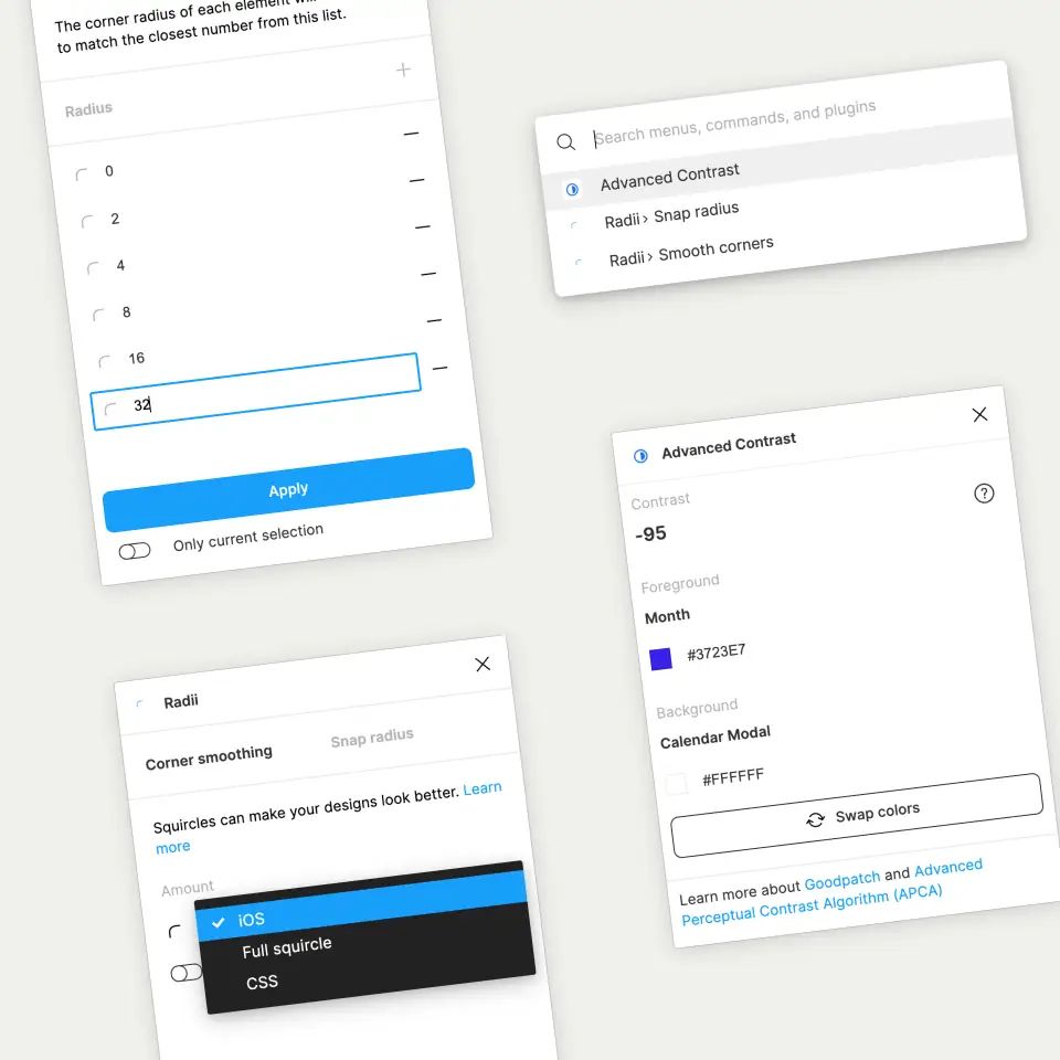 Plugin windows inside Figma: Radii for snapping and smoothing corner radii, and Advanced Contrast for checking color contrast.